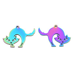 Rainbow Color Ion Plating(IP) 201 Stainless Steel Pendants, Halloween Style, Fox, Rainbow Color, 18.5x26x1mm, Hole: 1.5mm