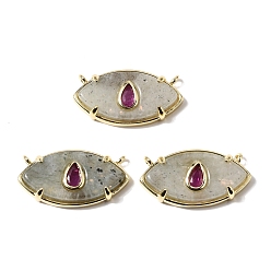  Natural Labradorite Pendants, Brass Pave Deep Pink Cubic Zirconia Eye Charms, Real 18K Gold Plated, Cadmium Free & Lead Free, Rack Plating, Long-Lasting Plated, 11~12x22~22.5x4.5~5mm, Hole: 1.2mm