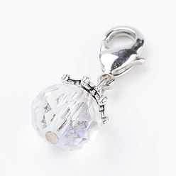 Clear Electroplate Glass Beads Pendant Decorations, with Brass Lobster Claw Clasps, Faceted, Round, Clear, 25mm