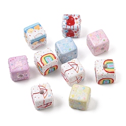 Mixed Color Printed Opaque Acrylic Beads, Embossed Cube, Mixed Color, 14x14x14mm, Hole: 3.5mm