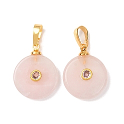 Розовый Кварц Природного розового кварца подвески, Плоские круглые подвески в виде монет с латунными микрофибровыми кристаллами., золотые, 20x16x6 мм, отверстие : 7x4 мм