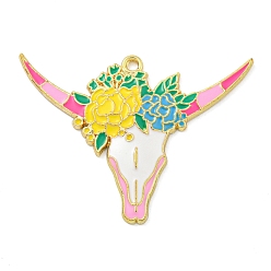 Бледно-Розовый Подвески из эмали и сплава, золотые, голова крупного рогатого скота с цветочной подвеской, розовый жемчуг, 34x45.5x2.5 мм, отверстие : 2 мм, 10 шт / комплект