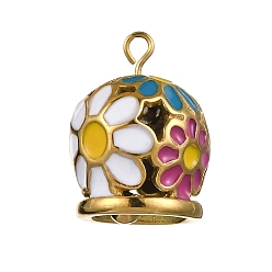 Золотой 304 подвески из нержавеющей стали, с эмалью, колокольчик с цветочным шармом, золотые, 16x13 мм, отверстие : 1.5 мм