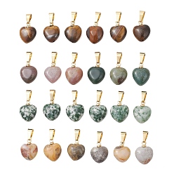 Смешанные камни Натуральные индийские агаты, тигровый глаз, зеленая пятнистая яшма и агат «сумасшедший» в форме сердца., золотые, с 304 защелкой из нержавеющей стали на поручнях, 12.5~13.5x9.5~10.5x5~5.5 мм, отверстие : 6.5x3.5 мм
