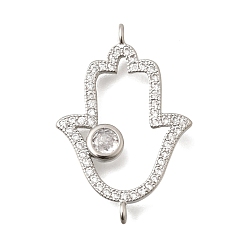 Платина Латунные микропаве прозрачные кубические цирконии полые соединительные подвески, религия хамса рука ссылки, без кадмия и без свинца, стойки покрытие, долговечный, платина, 25x16.5x2.5 мм, отверстие : 1.4 мм