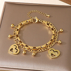 Сердце День матери 304 Браслеты из нержавеющей стали с цепочками Фигаро и коробчатой цепочкой, двухслойные, браслеты с подвесками для женщин, со стразами, золотые, сердце со словом мама, 7.48 дюйм (19 см)