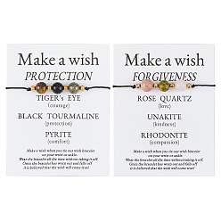 Смешанные камни 2 шт. 2 стили плетеные браслеты из бусин натурального круглого розового кварца, унакита, родонита, тигрового глаза, черного турмалина и пирита, регулируемые браслеты из волоконного шнура для женщин и мужчин, с подарочной картой, внутренний диаметр: 1/4~3-1/2 дюйм (0.75~9 см), 1 шт / стиль