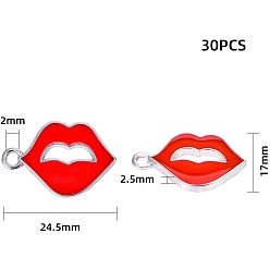 Red Alloy Enamel Pendants, Lip, Red, 24.5x17x2.5mm, Hole: 2mm, 30pcs/box