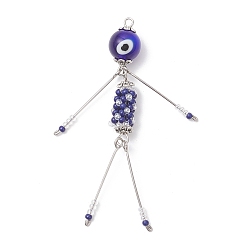 Синий Подвески в виде человека из стеклянных бус, с железной петлей и лэмпворком и 304 штифтом-ушком из нержавеющей стали, синие, 66x10 мм, отверстие : 2.5x2 мм