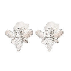 Платина Серьги-гвоздики из латуни с микропаве в виде пчел с цирконием, долговечный, без свинца и без кадмия, платина, 8x10 мм