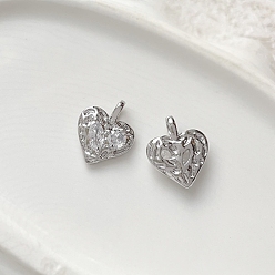 Платина Латунные микро проложить кубического циркония подвески, сердце прелести, платина, 16x13x4.5 мм, отверстие : 2.5x3 мм