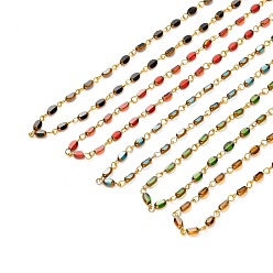Couleur Mélangete Chaînes de perles faites à la main, avec billes de verre galvanisées et 304 accessoires en acier inoxydable, ovale, couleur mixte, 14x4x3mm, environ 39.37 pouces (1 m)/brin
