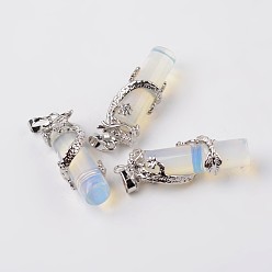 Опал Трубка Opalite подвески, с латунной фурнитурой дракона , платина, 48x15x10 мм, отверстие : 7x5 мм