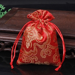 Red Chinese Style Rectangle Satin Cloth Flower Printed Drawstring Gift Bags, Storage Bags, Red, 12x9cm