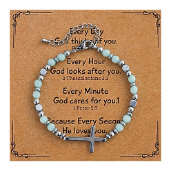 Амазонит 304 из нержавеющей стали крест ссылка браслеты, Натуральный амазонит, круглые браслеты из бисера для женщин и мужчин, с синтетическим немагнитным гематитом, с бумажной карточкой, 6.50 дюйм (16.5 см) ~ 6.69 дюйм (17 см)