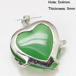 Lime Green Cat Eye Pendants, with Brass Findings, Heart, Platinum Color, Lime Green, 23x21x9mm, Hole: 5x4mm