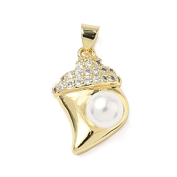 Настоящее золото 18K Латунные микро проложить кубического циркония подвески, формы раковины, с ABS имитации жемчуга, без кадмия и без свинца, долговечный, стойки покрытие, с целью перехода в кольце, реальный 18 k позолоченный, 21.5x14.5x10 мм, отверстие : 4x3.5 мм