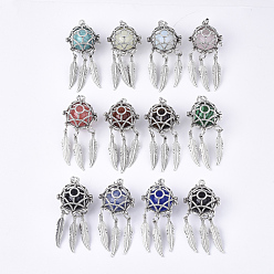 Mixed Color Alloy Cage Big Pendants, Hollow Round, with Synthetic Mixed Stone Round Beads, Antique Silver, Woven Net/Web with Feather, Mixed Color, 57~58x24x20.5mm, Hole: 8.5x3.5mm, Inner Diameter: 17mm, Bead: 15.5~16mm