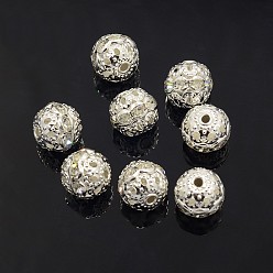 Кристалл Латунные бусины со стразами , без кадмия и без свинца, класс А, серебряный цвет гальваническим, круглые, кристалл, 10 мм, отверстие : 1.2 мм