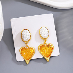 (932FM) Темно-синий аква-матовый с подкладкой Серьги-гвоздики из цинкового сплава и смолы., сердце, золотые, темно-золотистые, 55x25 мм