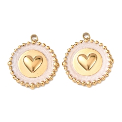 Розовый 304 подвески из нержавеющей стали, с эмалью, плоские круглые и сердечные подвески, реальный 18 k позолоченный, ионное покрытие (ip), туманная роза, 20x18x2.5 мм, отверстие : 1.5 мм