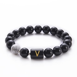 Letter V Bracelets extensibles en perles d'onyx noir naturel (teint et chauffé) et d'howlite (mm), bracelets alphabet, lettre v, 10 pouces (6.60 cm) ~16.76 pouces (8.50 cm)