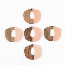 Light Salmon Opaque Resin & Walnut Wood Pendants, Light Salmon, 33x38x3mm, Hole: 2mm