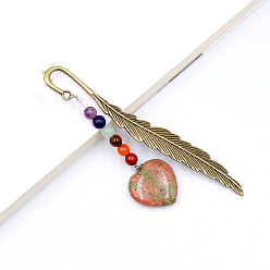 Unakite Natural Unakite Heart Pendant Bookmark, with 7 Natural Gemstone Round Beads, Feather Shape Alloy Bookmark, 120mm