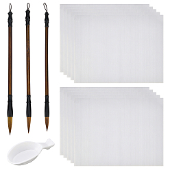 Color mezclado 4Kits de pinceles y plumas para caligrafía china, contenedores de bandeja de tinta en forma de cuchara, 10 hojas de tela mágica escritura al agua, color mezclado, bolígrafo: 27.5~29 cm, 1 pc / estilo