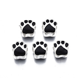Черный Эмали сплава Европейский бисером, бусины с большим отверстием, серебряные, отпечаток когтя, чёрные, 11x10x7.5 мм, отверстие : 4.5 мм