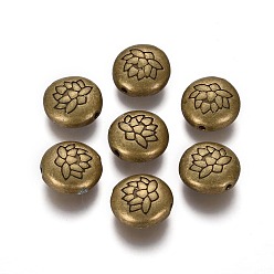 Antique Bronze Tibetan Style Alloy Beads, Flat Round with Lotus, Cadmium Free & Nickel Free & Lead Free, Antique Bronze, 14x6.5mm, Hole: 1mm, about 240pcs/1000g