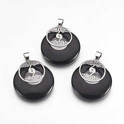 Черный Камень Синтетические черные каменные подвески, с латунной фурнитурой платинового цвета, плоские круглые с дерева жизни, 32x28x6 мм, отверстие : 4x5 мм