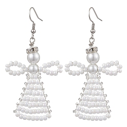 Белый Стеклянные бусины угловые подвесные серьги, с 304 нержавеющей стали серьги крючки, платина, белые, 70x32 мм