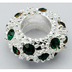 Изумруд Европейские бусины, сплав, стразы , бусины с большим отверстием, рондель, серебряный цвет гальваническим, изумруд, 11x6 мм, отверстие : 5 мм