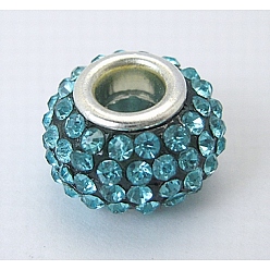 Aquamarin Harz europäischen Strass Perlen, Klasse A, mit versilbertem Messing Doppelkerne, Rondell, Aquamarin, 15x10 mm, Bohrung: 5 mm