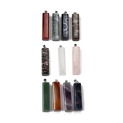 Смешанные камни Натуральные смешанные камни большие подвески, прямоугольные подвески 304 с защелками из нержавеющей стали, цвет нержавеющей стали, смешанные окрашенные и неокрашенные, 52~53.5x12~13x12~13 мм, отверстие : 4.8x6.8 мм