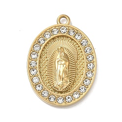 Настоящее золото 18K 304 подвески из нержавеющей стали и страз, овал с подвеской девы марии, вакуумное покрытие pvd, кристалл, реальный 18 k позолоченный, 25x18x3.5 мм, отверстие : 1.6 мм