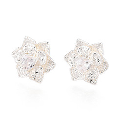 Серебро Серьги-гвоздики с прозрачным паве из латуни с кубическим цирконием, цветок, без никеля , серебряные, 14.5x16 мм