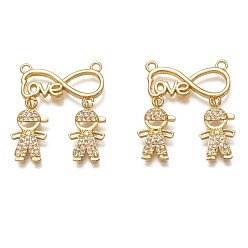 Настоящее золото 18K Подвесное звено из латуни с прозрачным кубическим цирконием, долговечный, бесконечность со словом любовь и мальчик, реальный 18 k позолоченный, 28x22x3 мм, отверстие : 1.5 мм