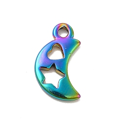 Rainbow Color Ионное покрытие (ip) 304 подвески из нержавеющей стали, полый, луна с сердцем и звездой, Радуга цветов, 17.5x10x2 мм, отверстие : 1.8 мм