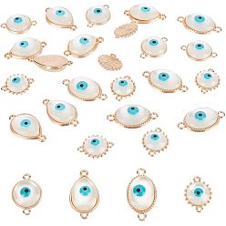 Platinum Handmade Evil Eye Lampwork Charms, with Brass Findings, Flat Round, Platinum, 10x6.5x3mm, Hole: 1.5mm, 20pcs/box