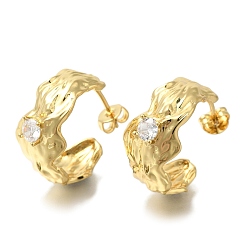 Настоящее золото 18K Серьги-гвоздики из латуни c-образной формы с прозрачным паве из кубического циркония, долговечный, без свинца и без кадмия, реальный 18 k позолоченный, 20x11 мм