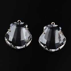 Light Gold Transparent Glass Pendants, with Brass Findings, Long-Lasting Plated, Faceted, Shell Shape, Light Gold, 26x23x9.5mm, Hole: 1.4mm