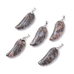 Африканский Опал Подвески с натуральным африканским опалом, с латунными петлями с платиновым покрытием, крыло, 36x15~16.6x6.5~7.7 мм, отверстие : 5x4 мм