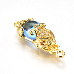 Небесно-голубой Золотистые соединители из латуни, со стеклом и фианитом, Pi Xiu, голубой, 27x9x7 мм, отверстие : 1 мм