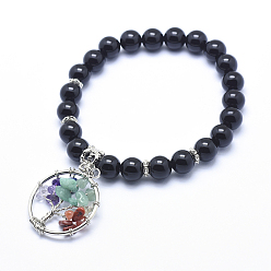 Black Agate Natural Black Agate Stretch Charm Bracelets, with Alloy Pendants, Flat Round with Tree, 2-1/4 inch(56mm)
