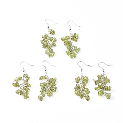 Olive Quartz Dangle Earrings, Cluster Earrings, with Natural Olive Quartz Chips and Platinum Plated Brass Earring Hooks, 60~63mm, Pin: 0.5mm