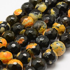 Orange Faceted Natural Fire Crackle Agate Beads Strands, Round, Dyed & Heated, Orange, 12mm, Hole: 1.5mm, about 30~32pcs/strand, 14 inch(35.6cm)