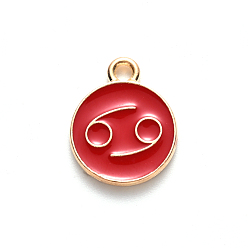 Cancer Alloy Enamel Pendants, Flat Round with Constellation, Light Gold, Red, Cancer, 15x12x2mm, Hole: 1.5mm, 100pcs/Box
