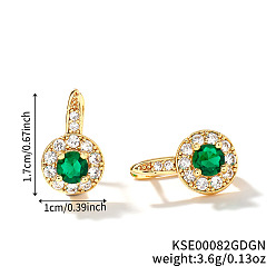 Зеленый Элегантный европейский и американский стиль, плоские круглые серьги-кольца из латуни с кубическим цирконием, золотые, зелёные, 17x10 мм